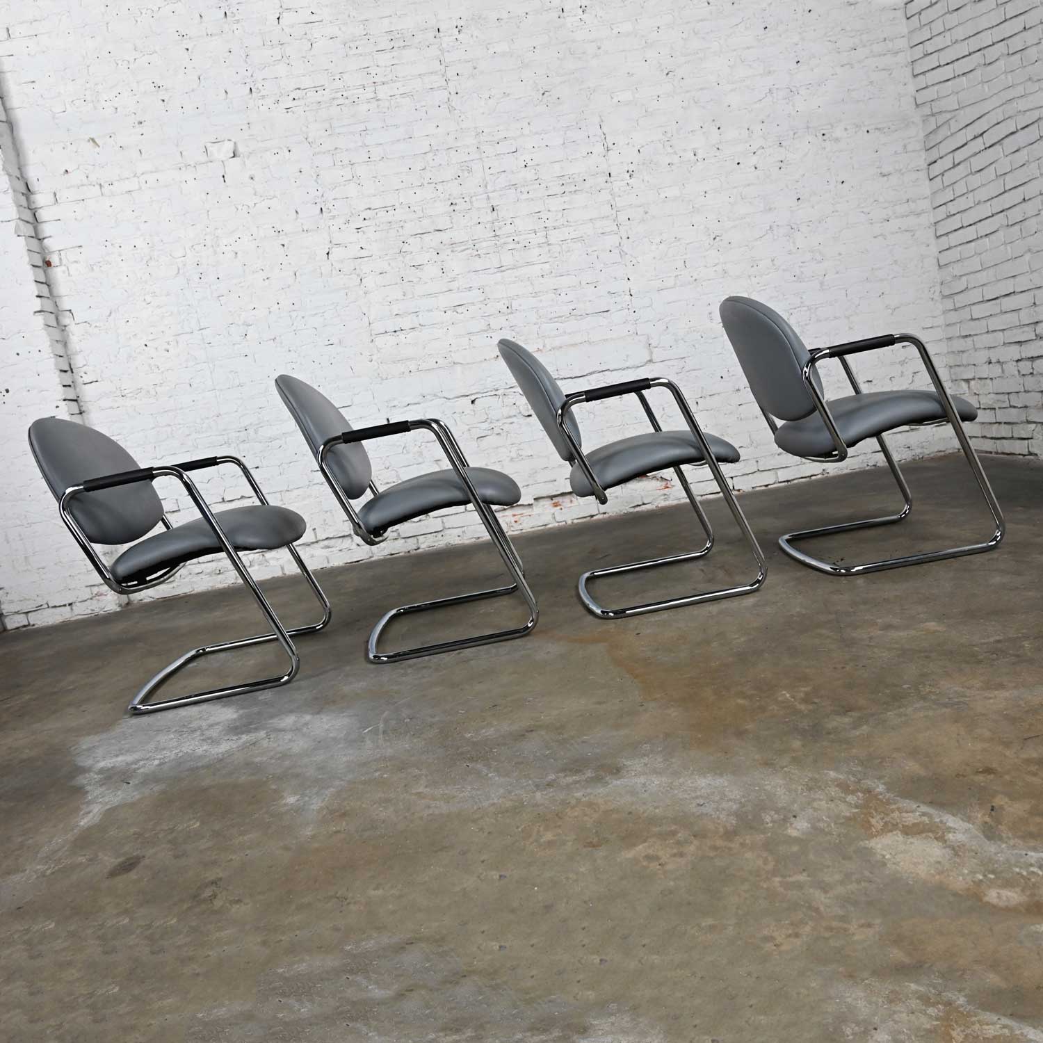 Vintage Modern Steelcase Chrome Tube Cantilever Base & Gray Faux Leather Chairs set of 4