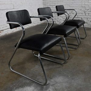 Vintage Art Deco Set of 3 Chrome Tube & Black Faux Leather Chairs Attributed to Kem Weber Z Chair