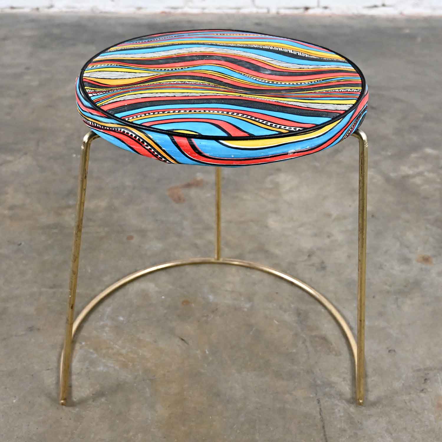Vintage MCM Stool with Round Colorful Vinyl Seat & Brass Plated Steel Asymmetric Base