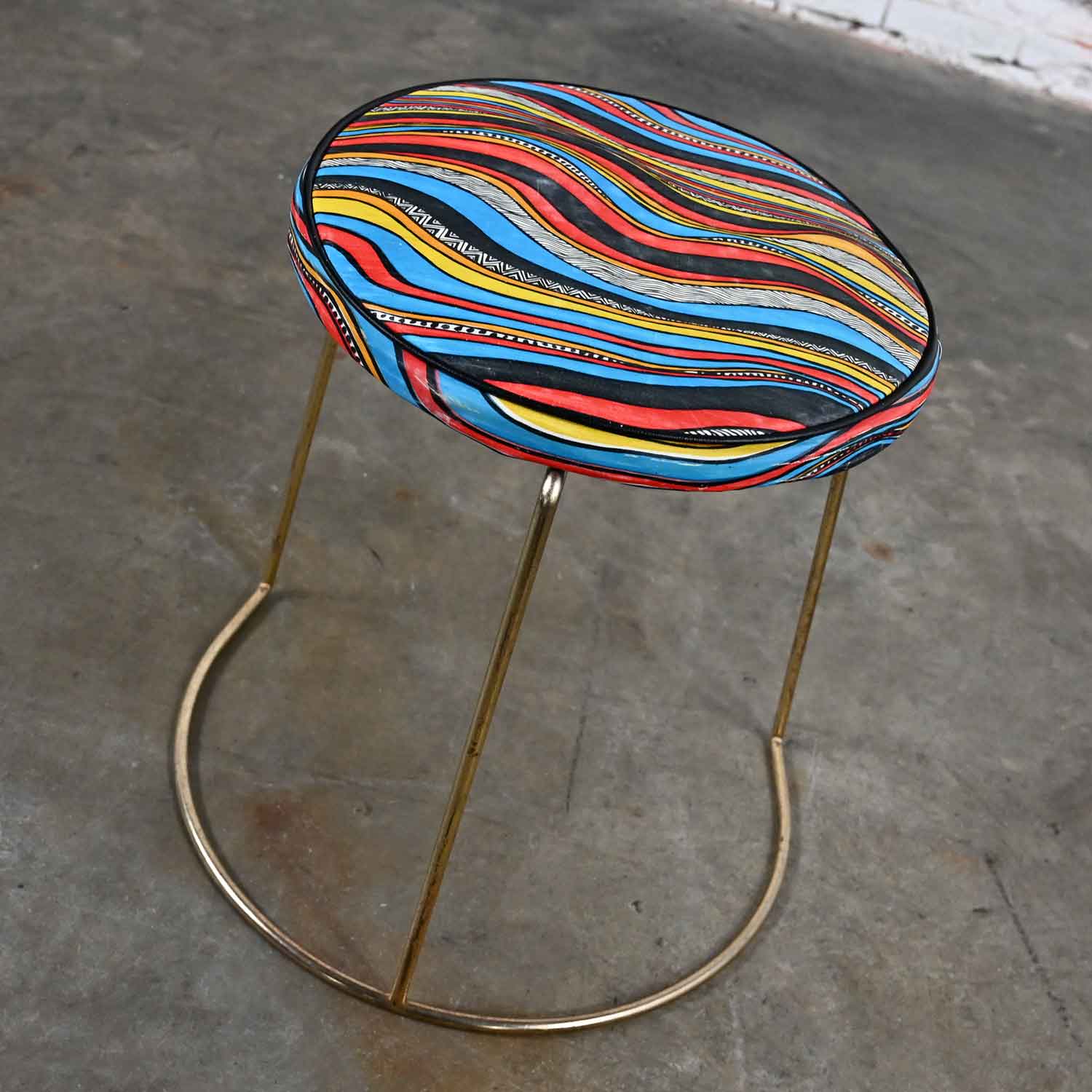 Vintage MCM Stool with Round Colorful Vinyl Seat & Brass Plated Steel Asymmetric Base
