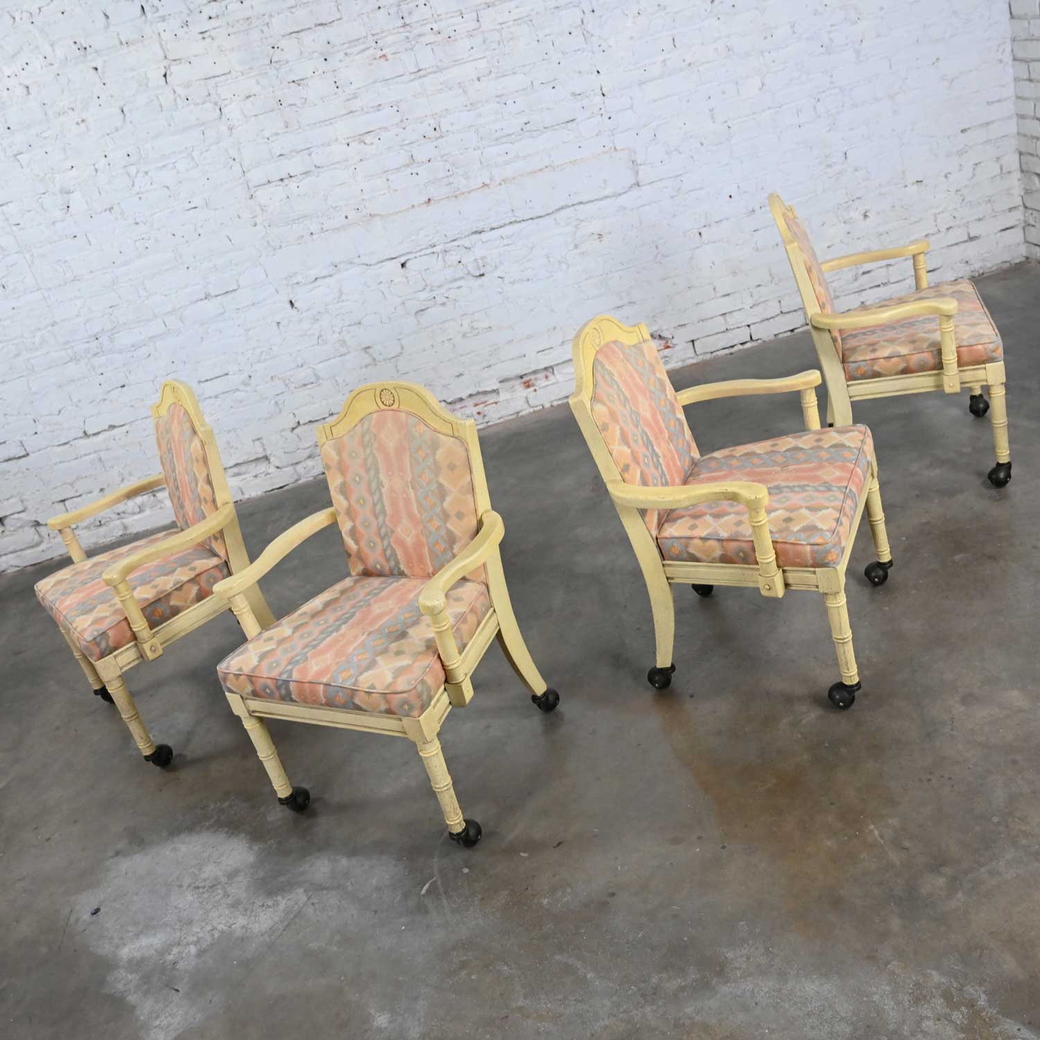 Vintage Campaign French Country Rolling Game Chairs Antiqued White Painted Finish Set of 4
