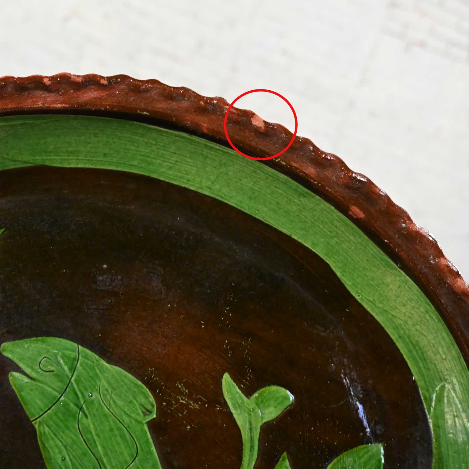 Vintage Mexican Patamban Hand Painted Fish Design Folk Art Green & Brown Glazed Pottery Platter