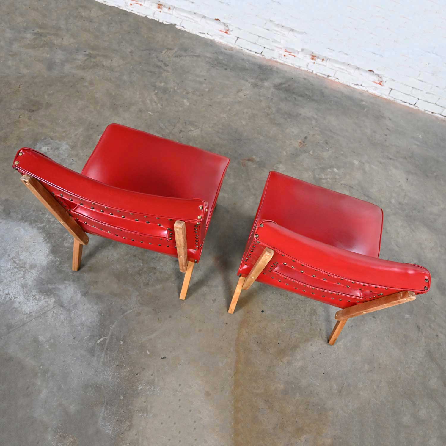Vintage MCM Keyhole Back Original Red Faux Leather Slipper Chairs Attributed to Viking Artline a Pair