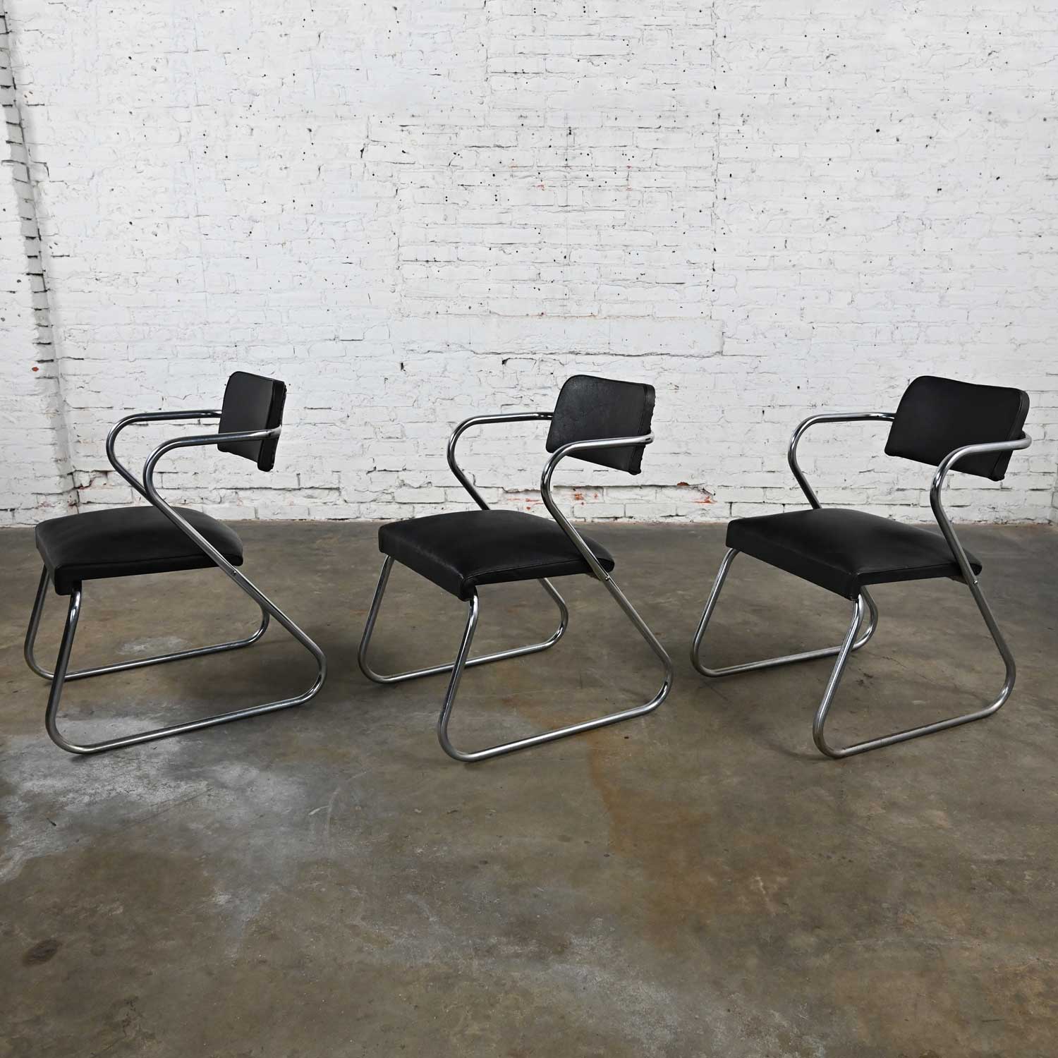 Vintage Art Deco Set of 3 Chrome Tube & Black Faux Leather Chairs Attributed to Kem Weber Z Chair