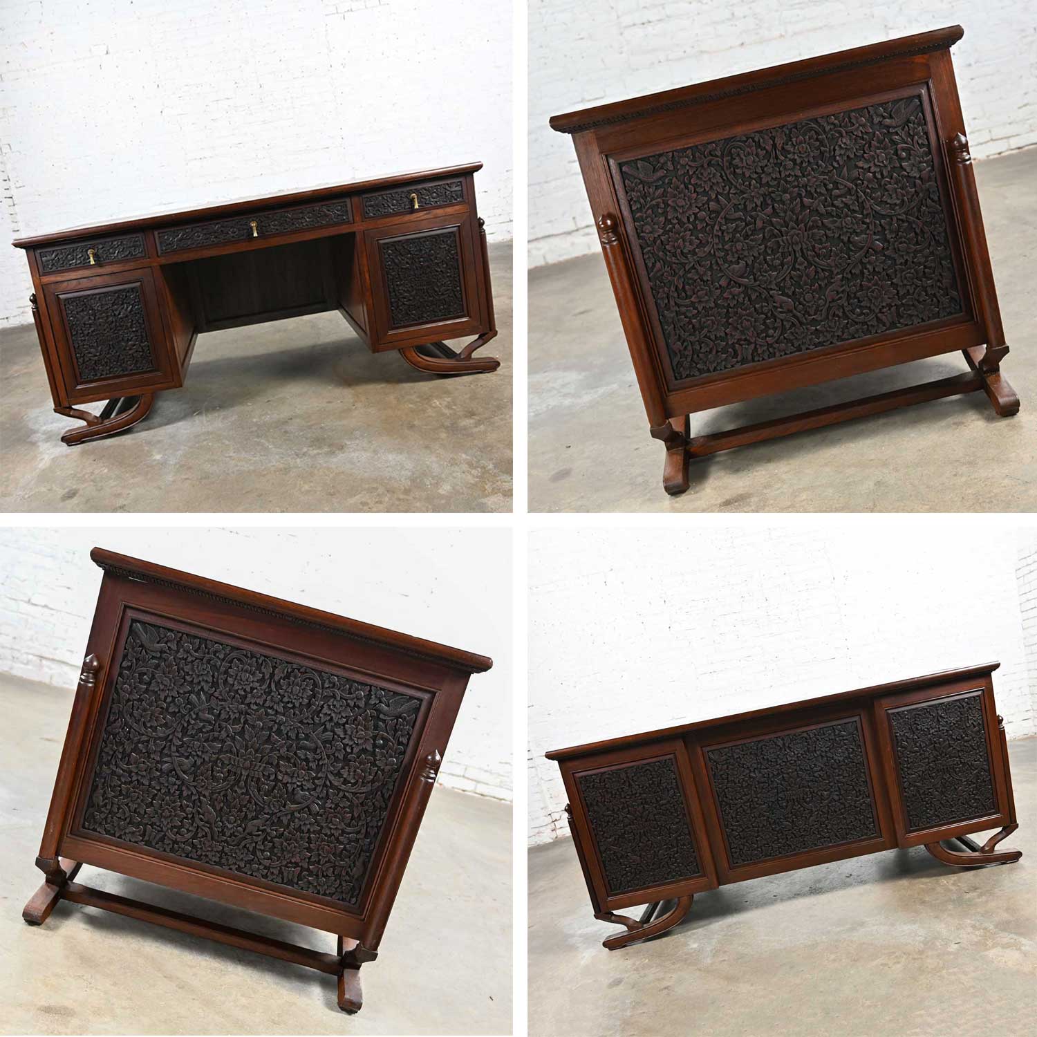 Vintage Chinoiserie Hand Carved Rosewood 3-Piece Office Set Desk Credenza & Desk Chair from Bangkok Thailand