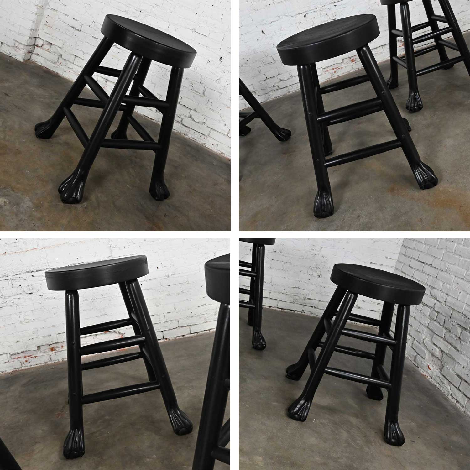 Vintage Rustic Blackened Solid Hardwood Chunky Claw Foot Barstools Set of 4