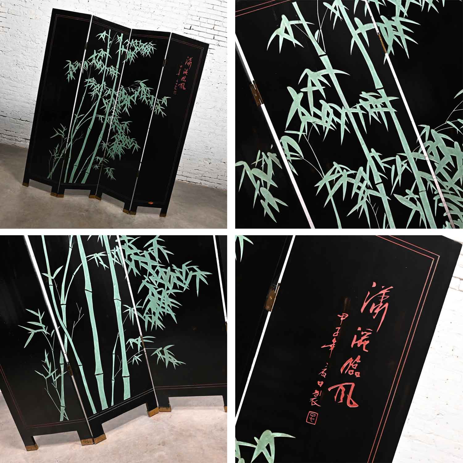 20TH Century Chinoiserie Chinese Export Coromandel 4 Panel Folding Screen Trademark Shanghai China Lacquer Furniture