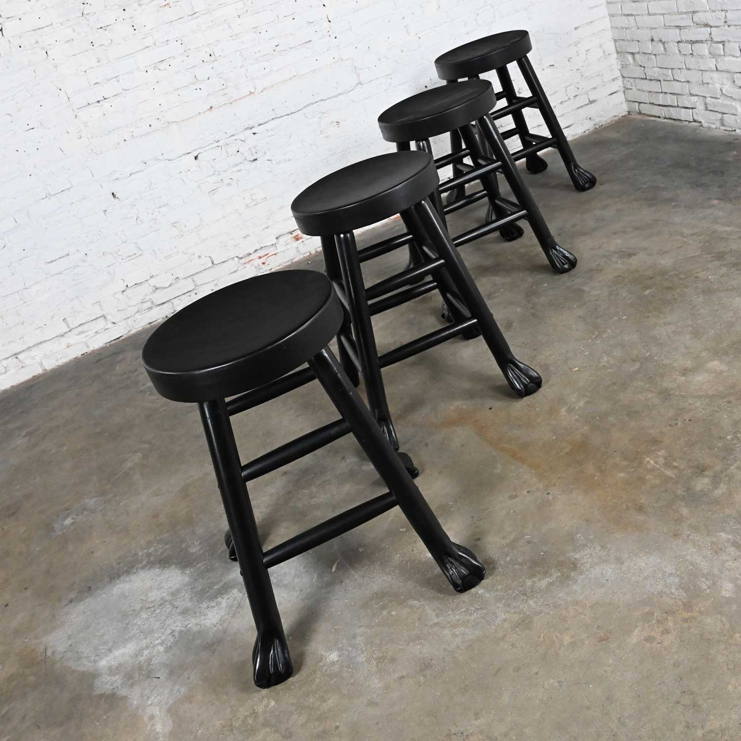 Vintage Rustic Blackened Solid Hardwood Chunky Claw Foot Barstools Set of 4