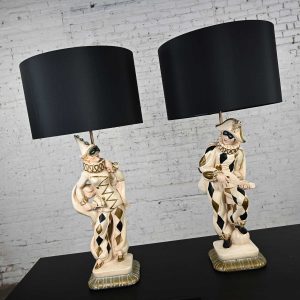 Vintage MCM Art Deco Figural Jester Harlequin Table Lamps Style of Marbro a Pair
