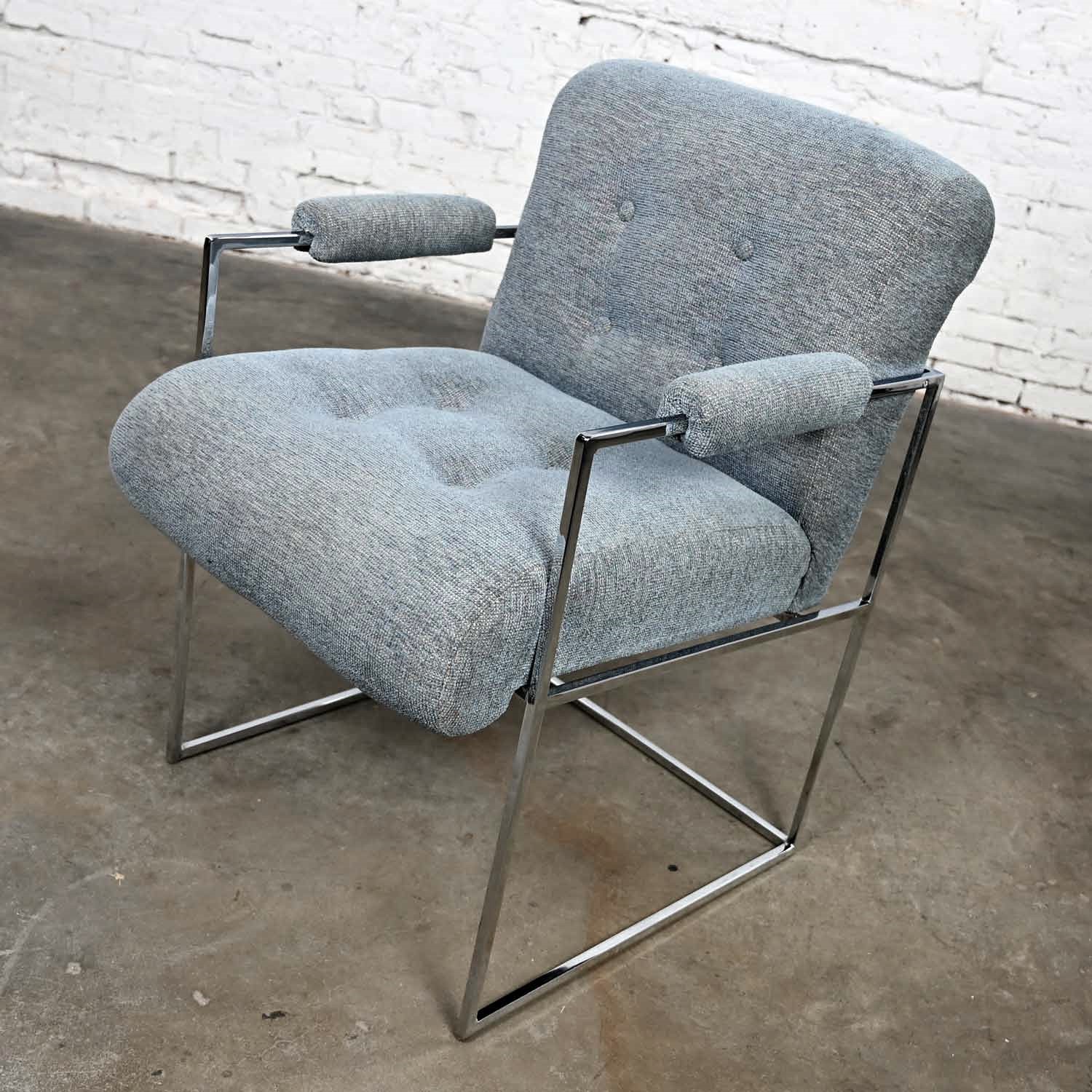 Vintage Modern Chrome & Blue Gray Fabric Thin Line Armchair by Milo Baughman for Thayer Coggin