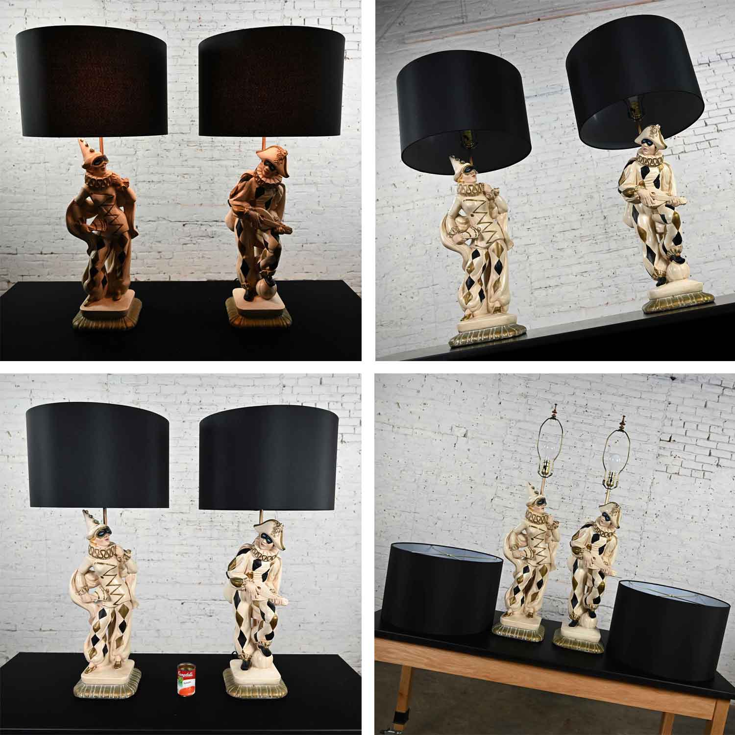Vintage MCM Art Deco Figural Jester Harlequin Table Lamps Style of Marbro a Pair