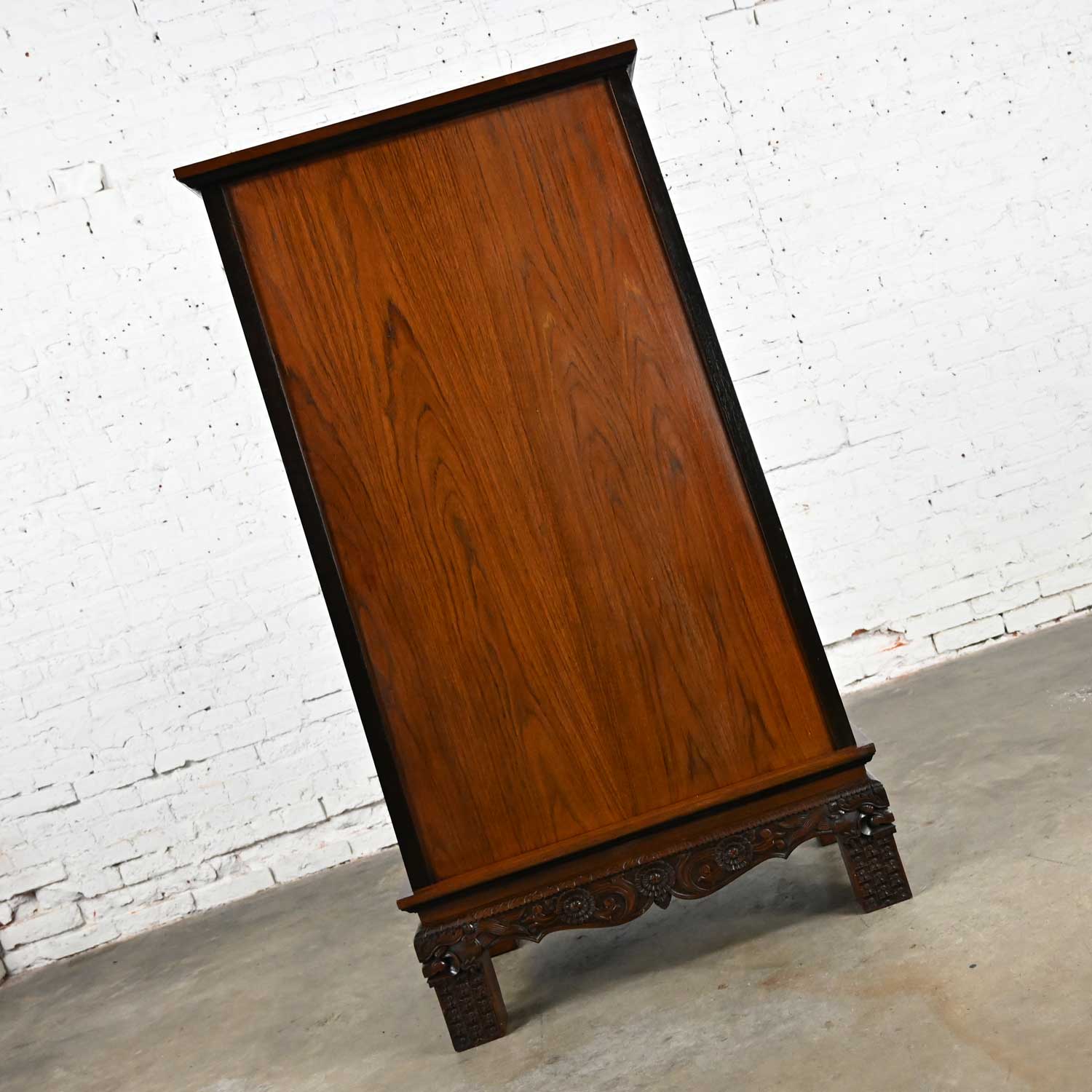 Vintage Chinoiserie Hand Carved Rosewood Trapezoid Armoire Cabinet from Bangkok Thailand