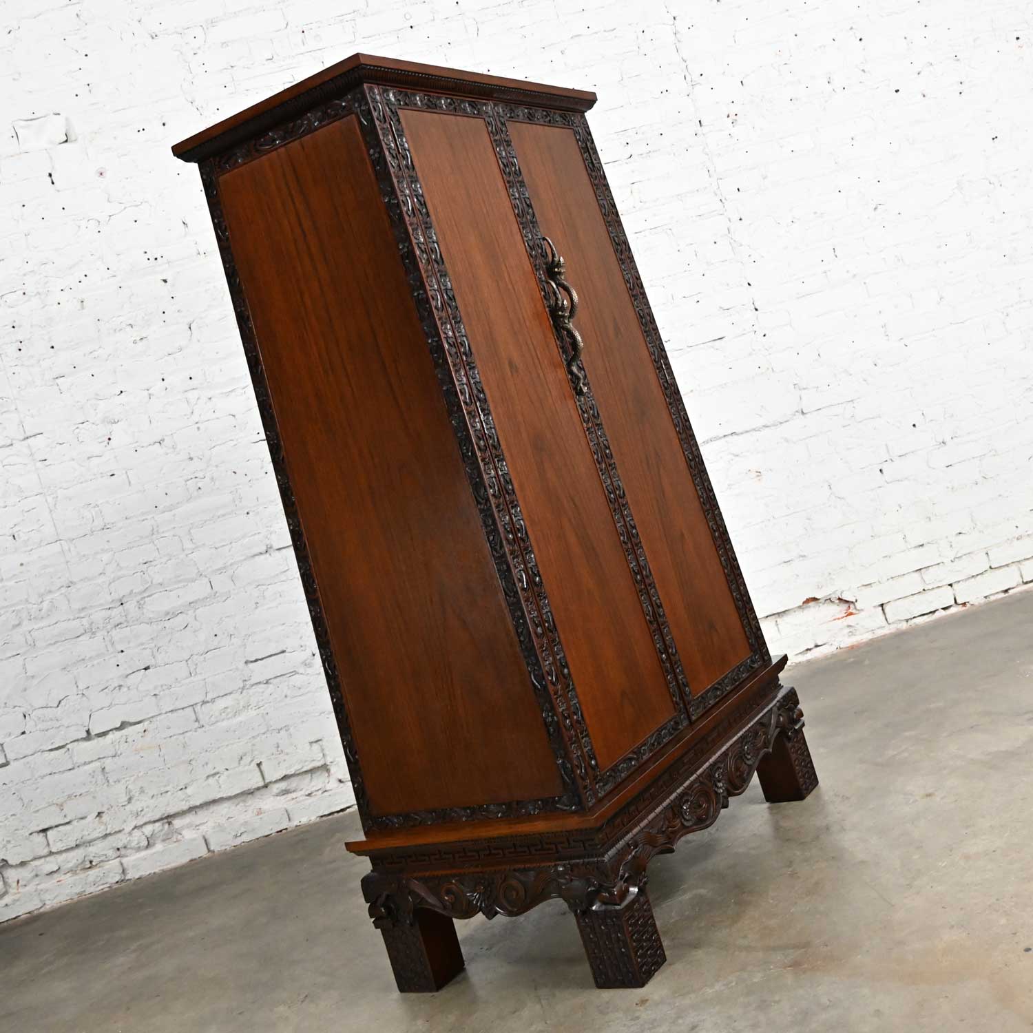 Vintage Chinoiserie Hand Carved Rosewood Trapezoid Armoire Cabinet from Bangkok Thailand
