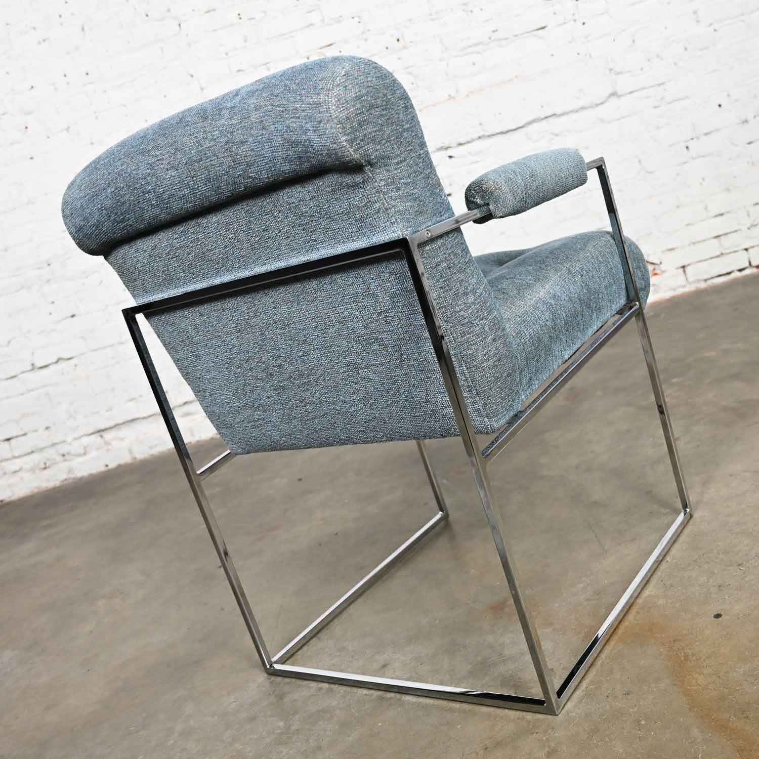 Vintage Modern Chrome & Blue Gray Fabric Thin Line Armchair by Milo Baughman for Thayer Coggin