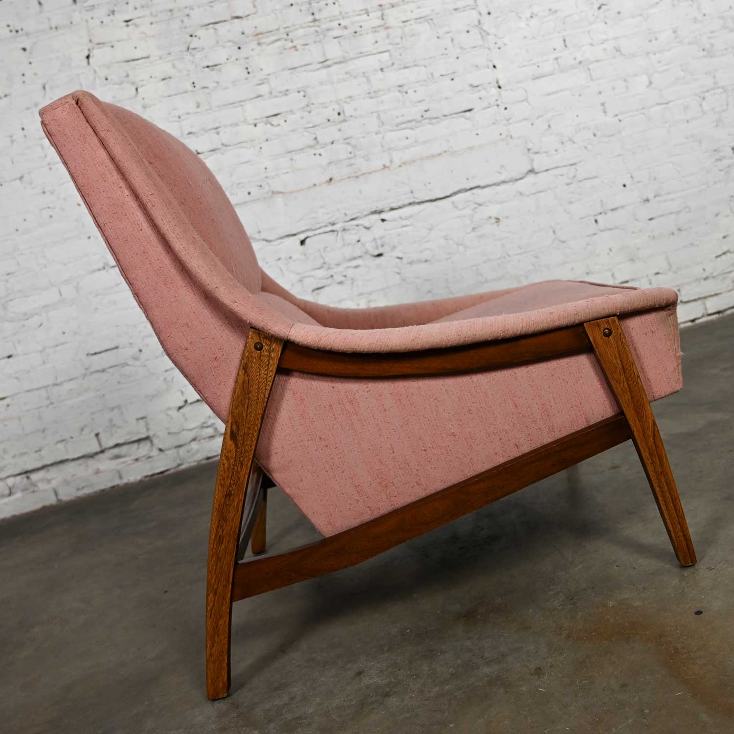 Vintage Mid Century Modern Walnut & Ash Frame & Pink Fabric Lounge Chair Style of Dux or Kroehler