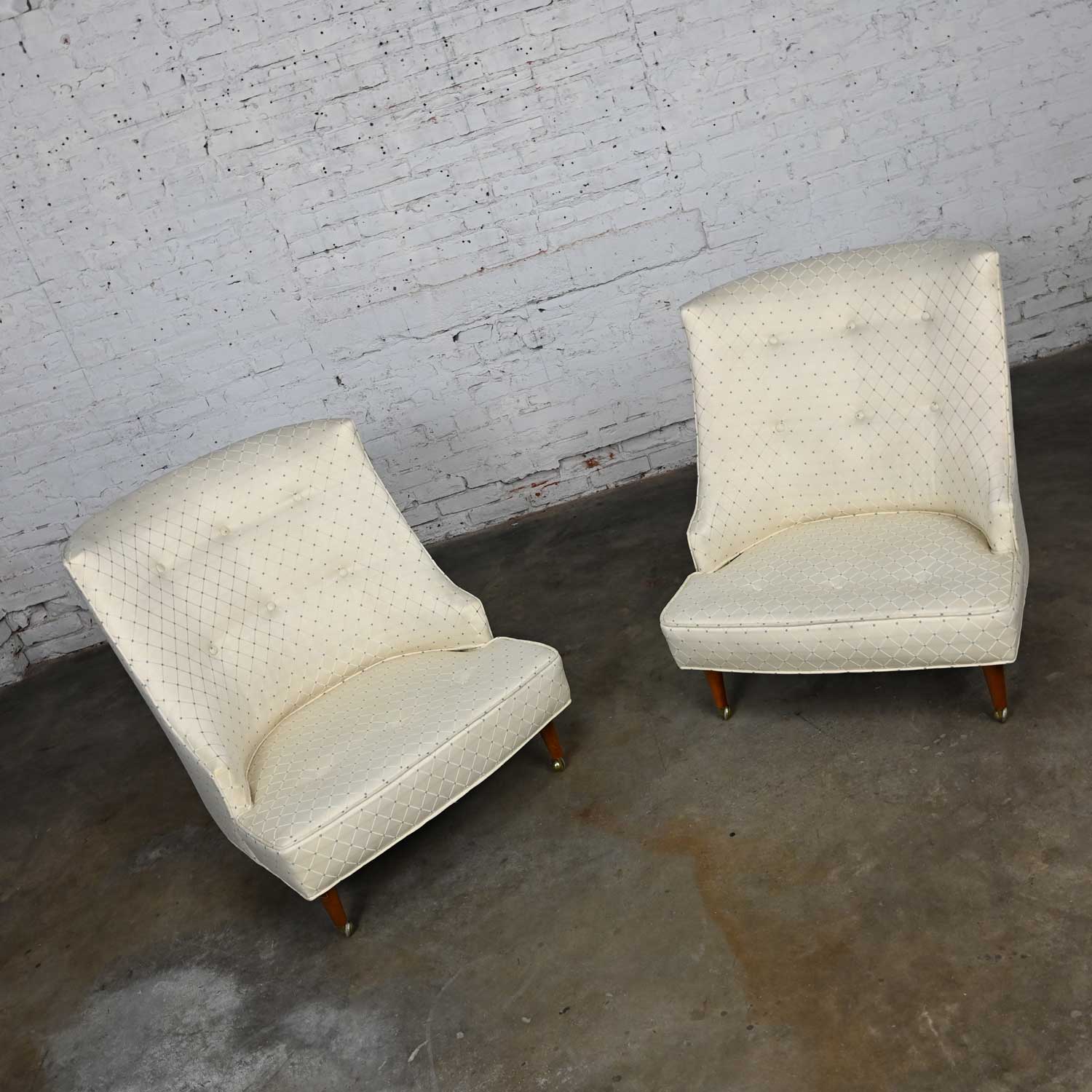Vintage MCM or Hollywood Regency Button Back Oyster & Blue Harlequin Fabric Slipper Chairs