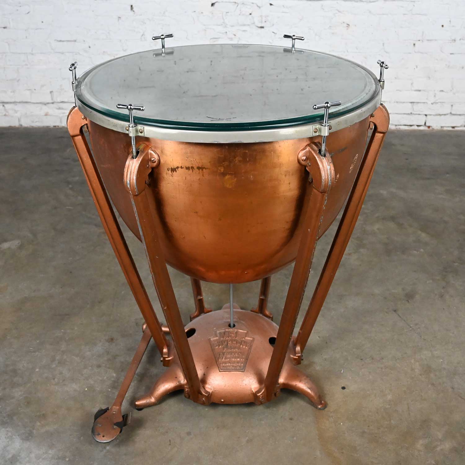 Early 20th Century Steampunk Industrial Rustic Copper Kettle Drum Center Table by WFL Drum Company