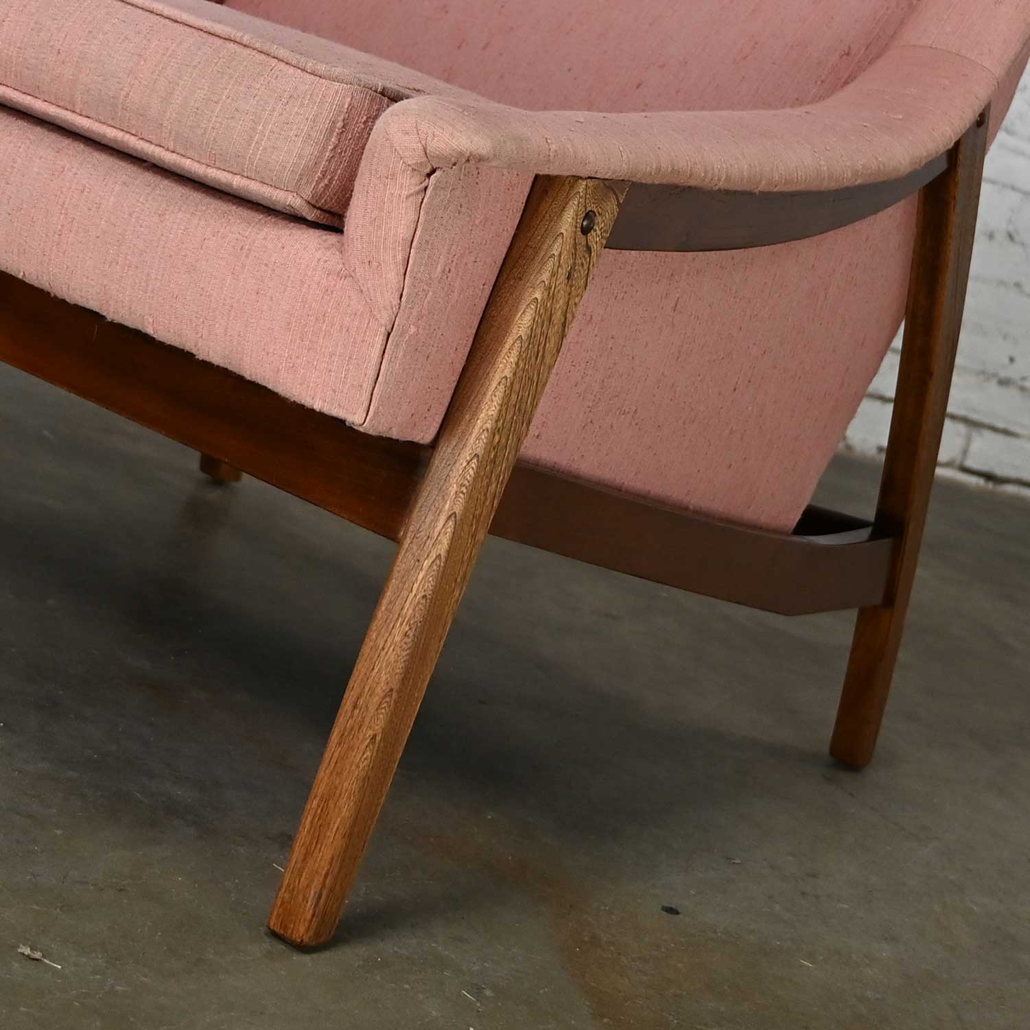 Vintage Mid Century Modern Walnut & Ash Frame & Pink Fabric Lounge Chair Style of Dux or Kroehler