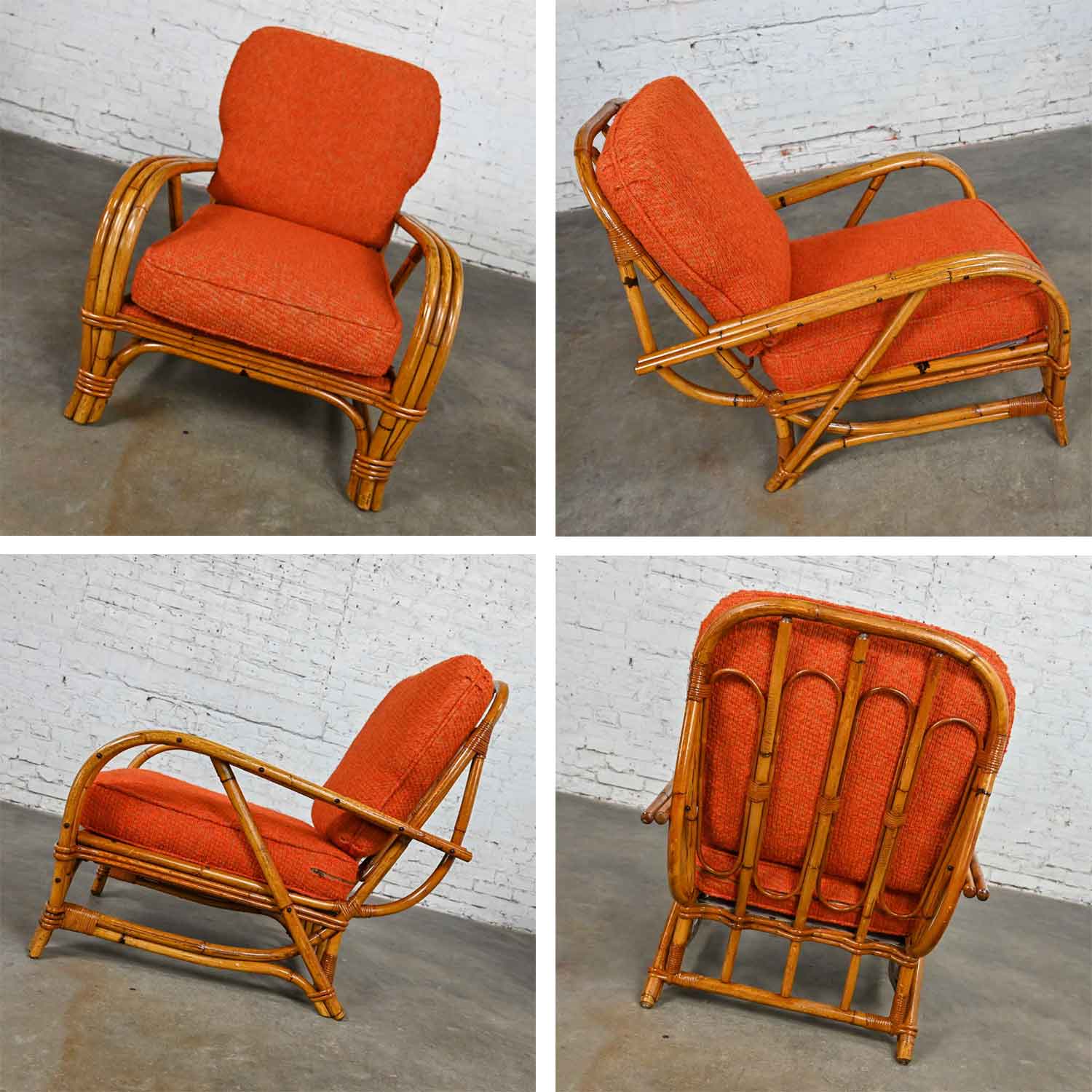 Early 20th Century Triple Strand Rattan Sofa & Chair with Orange Fabric Cushions Style Heywood Wakefield