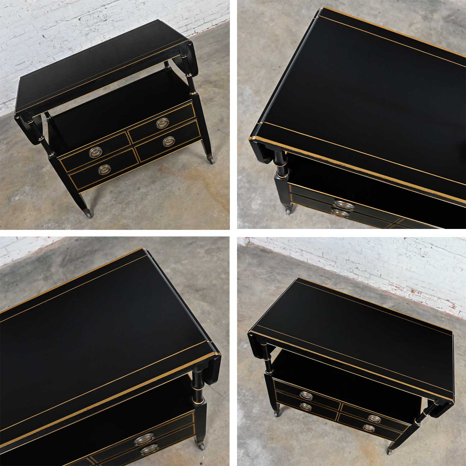 Mid-20th Century Regency Style Drexel Black & Gold Drop Leaf Rolling Server Dry Bar Beverage Cart