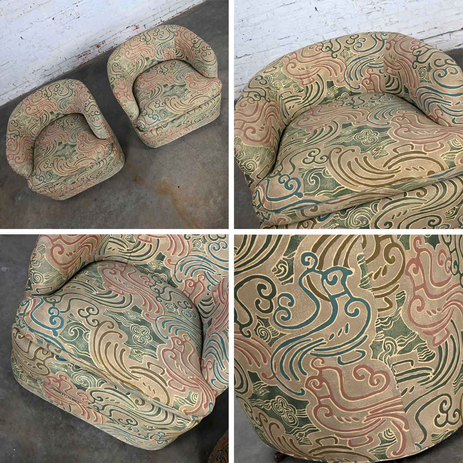 Late 20th Century Modern Drexel Heritage Swivel Barrel Chairs Original Fabric, a Pair