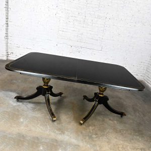Mid-20th Century Chinoiserie Regency Style Union National Black Painted & Gilt Dining Table Double Tripod Base