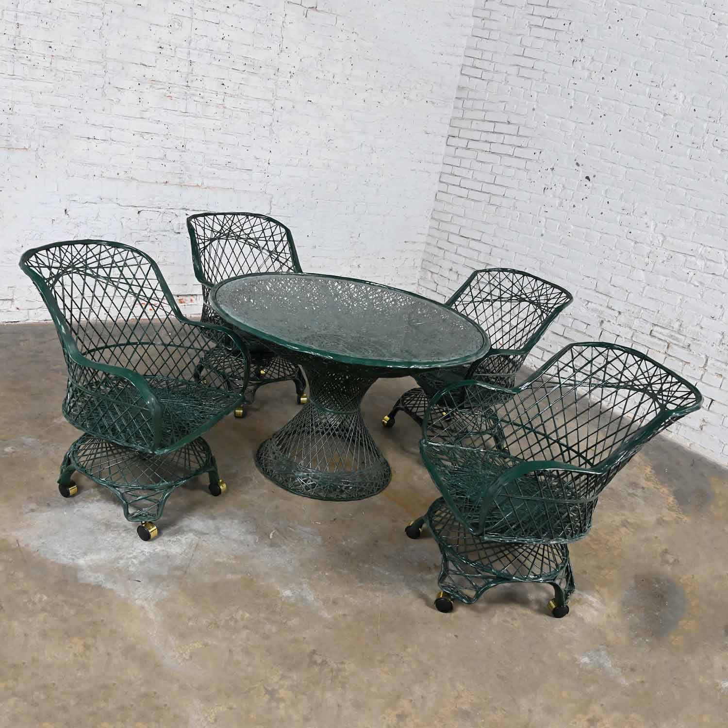 Vintage Mid Century Modern Spun Fiberglass Forest Green Outdoor Dining Table & 4 Armchairs on Casters
