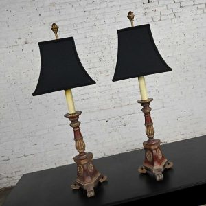 Late 20th Century Chapman Regency Style Pair Painted & Gilt Carved Wood Candlestick Lamps Black Shades