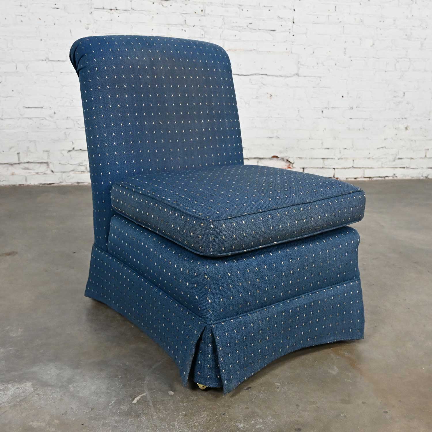 Mid-Late 20th Century Traditional or Hollywood Regency Blue Rolled Back Slipper Chair with Brass Ball Casters