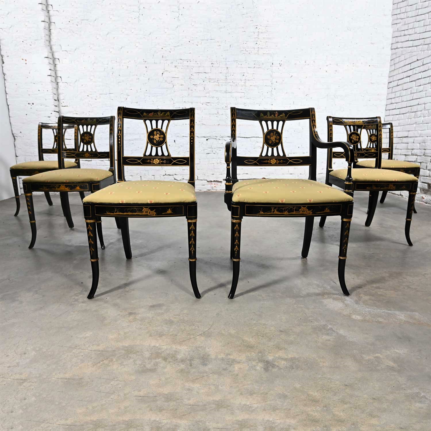 Mid-20th Century Chinoiserie Regency Style Union National Patinated Black Painted & Gilt Dining Chairs Set of 6
