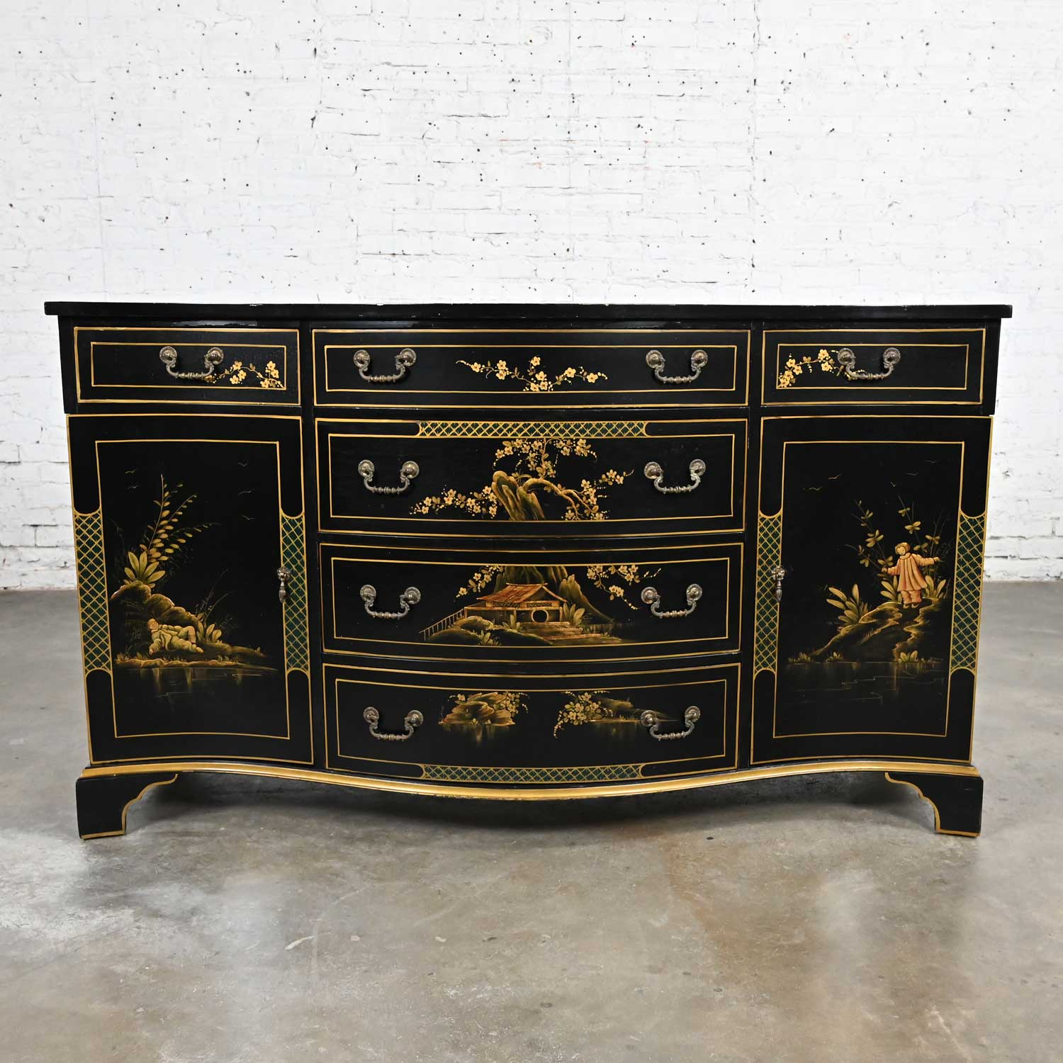 Mid-20th Century Regency Style Union National Inc Patinated Black Painted & Gilt Buffet Sideboard
