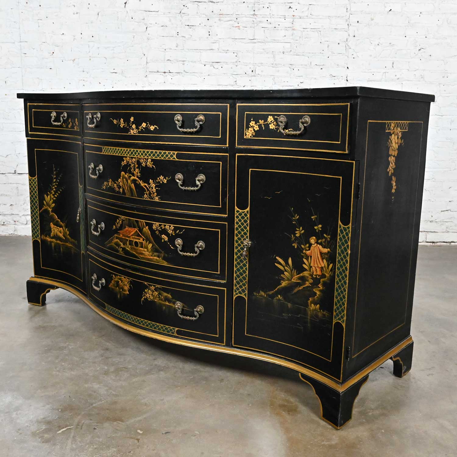 Mid-20th Century Regency Style Union National Inc Patinated Black Painted & Gilt Buffet Sideboard