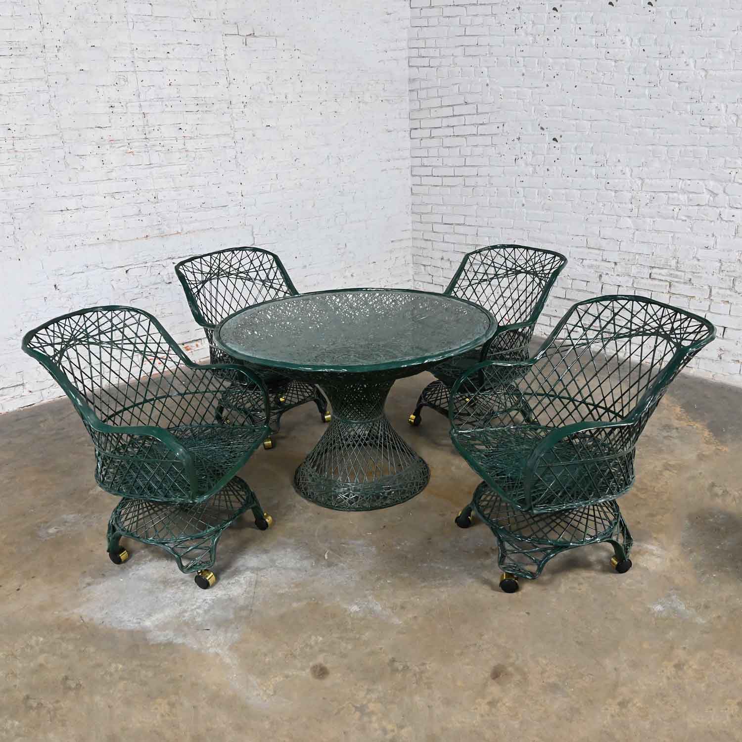 Vintage Mid Century Modern Spun Fiberglass Forest Green Outdoor Dining Table & 4 Armchairs on Casters