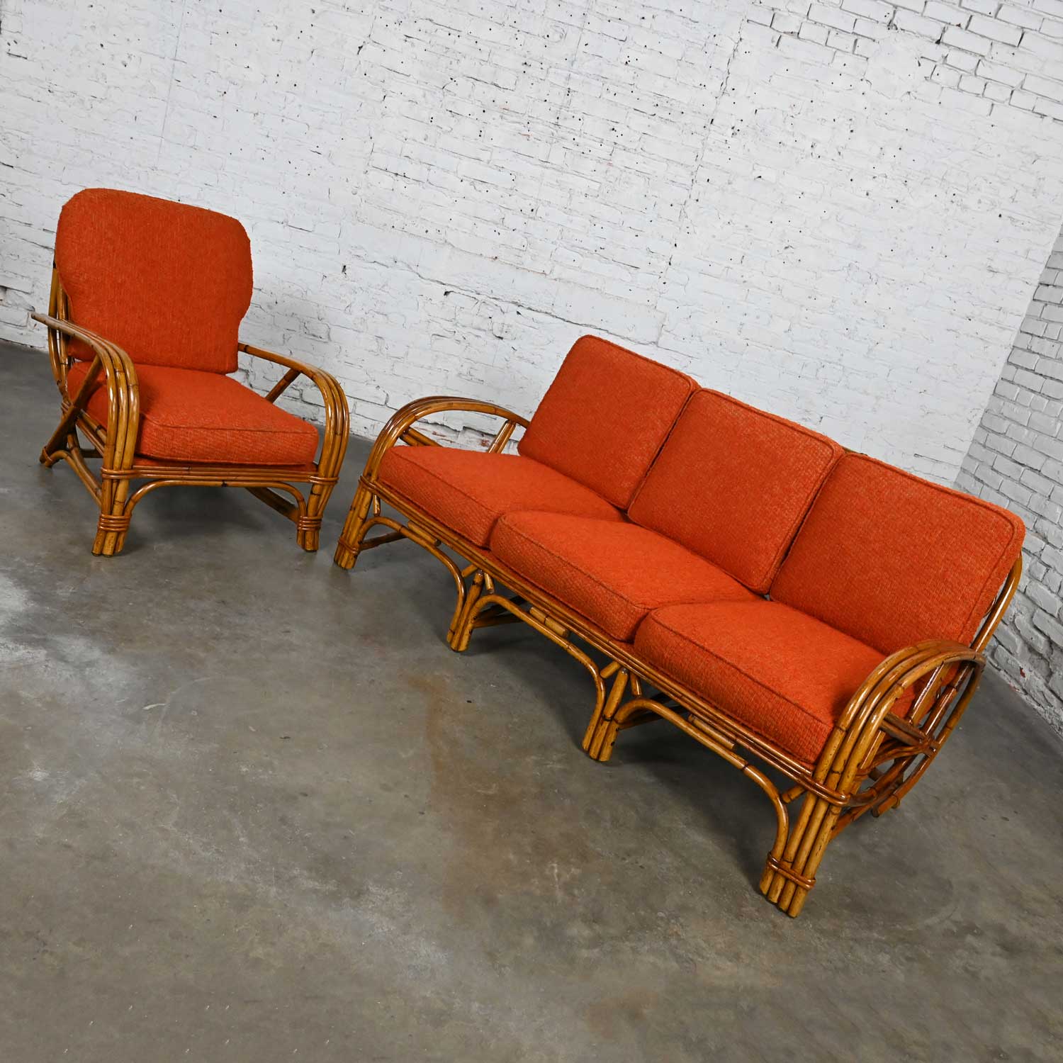 Early 20th Century Triple Strand Rattan Sofa & Chair with Orange Fabric Cushions Style Heywood Wakefield