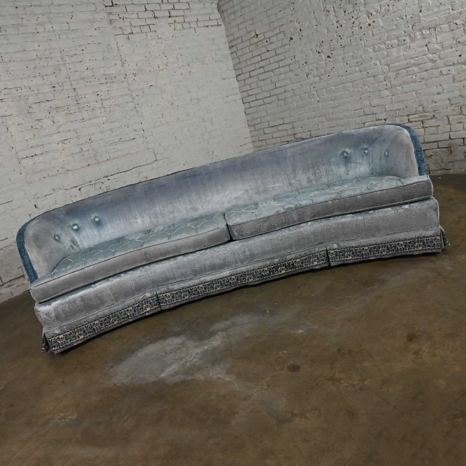 Mid-Late 20th C Hollywood Regency to Cottagecore Curved Blue Velvet Sofa by American of Martinsville