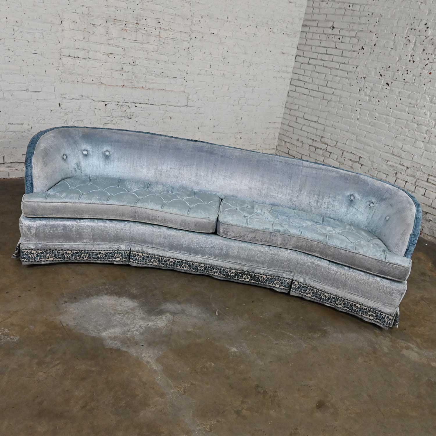 Mid-Late 20th C Hollywood Regency to Cottagecore Curved Blue Velvet Sofa by American of Martinsville