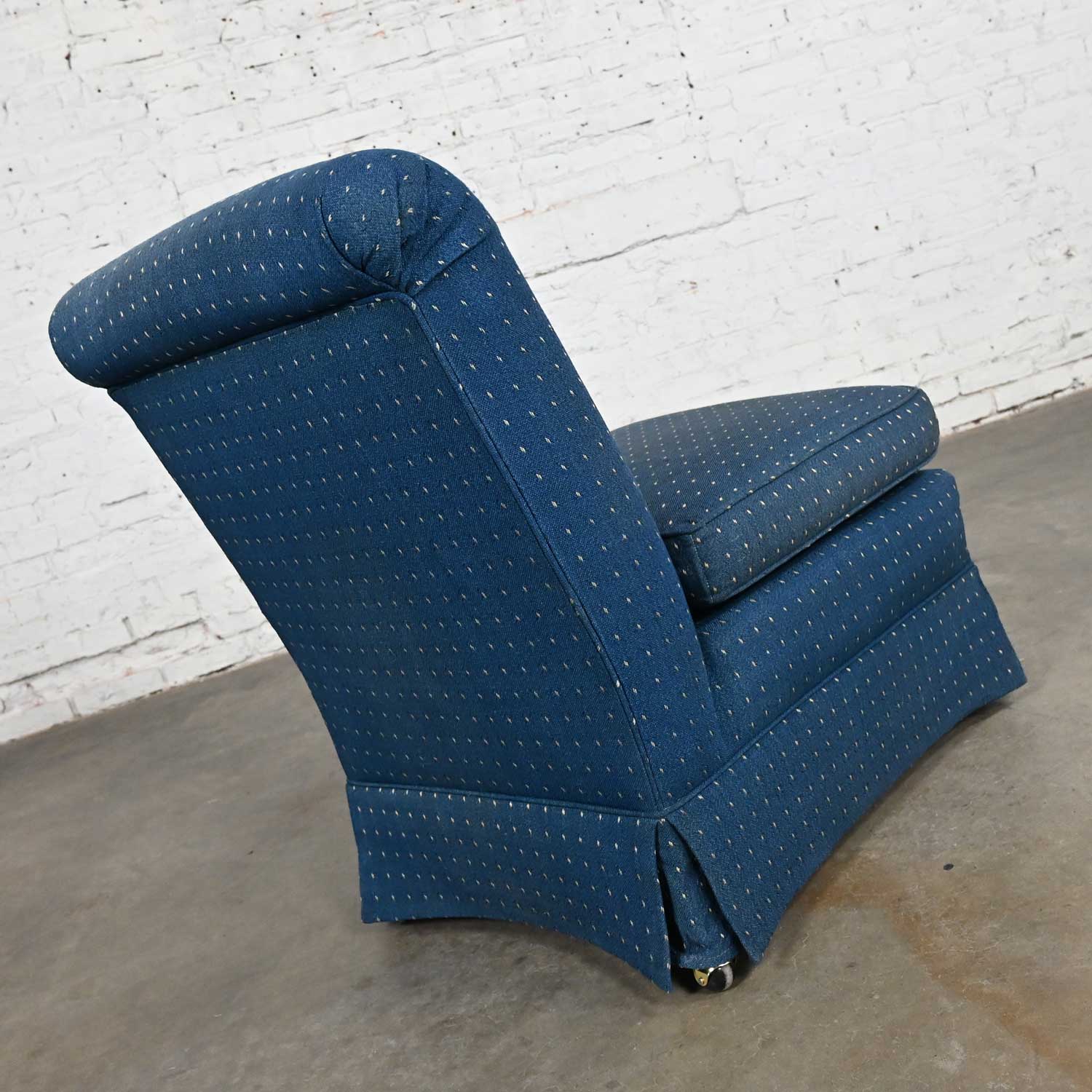Mid-Late 20th Century Traditional or Hollywood Regency Blue Rolled Back Slipper Chair with Brass Ball Casters