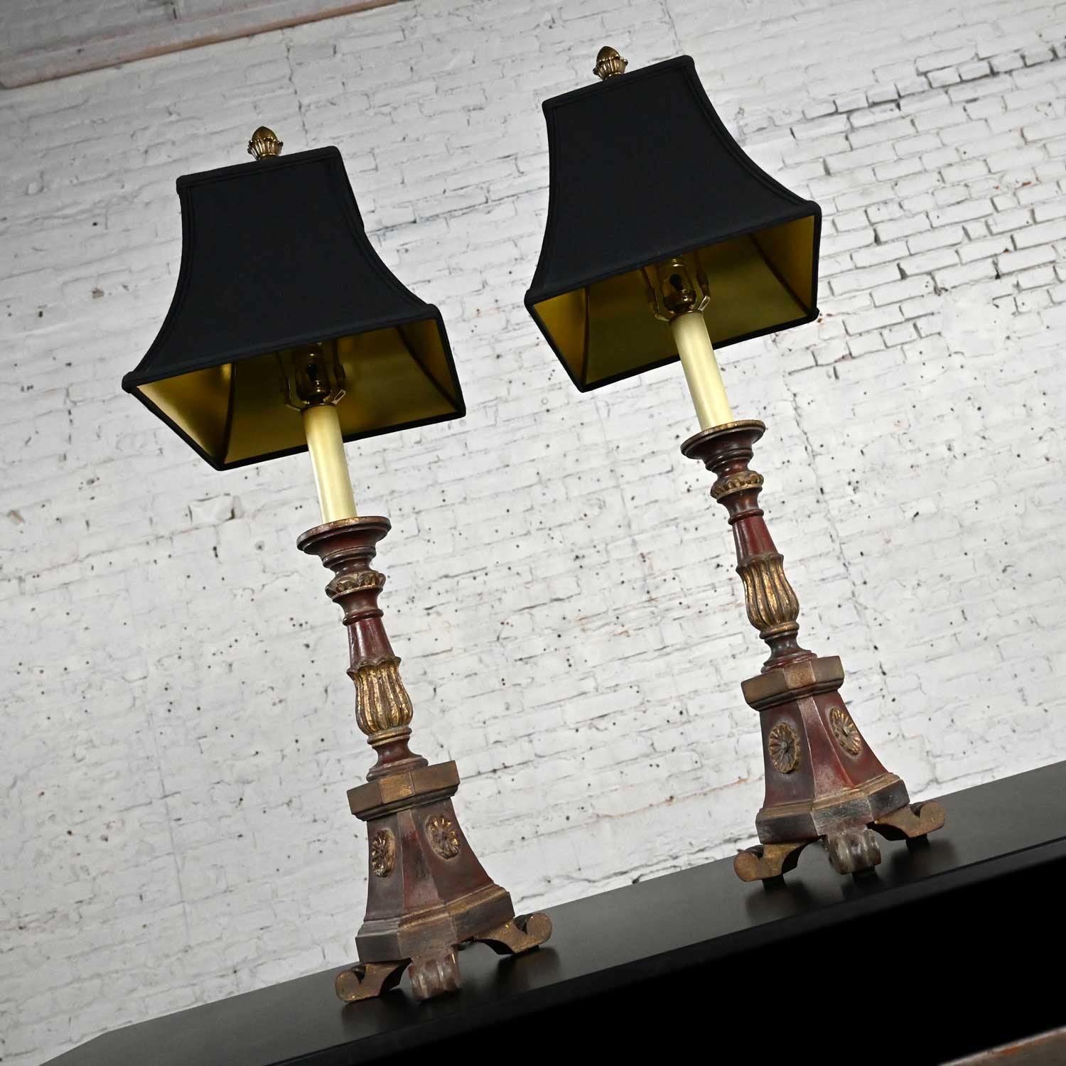 Late 20th Century Chapman Regency Style Pair Painted & Gilt Carved Wood Candlestick Lamps Black Shades