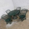 Vintage Mid Century Modern Spun Fiberglass Forest Green Outdoor Dining Table & 4 Armchairs on Casters