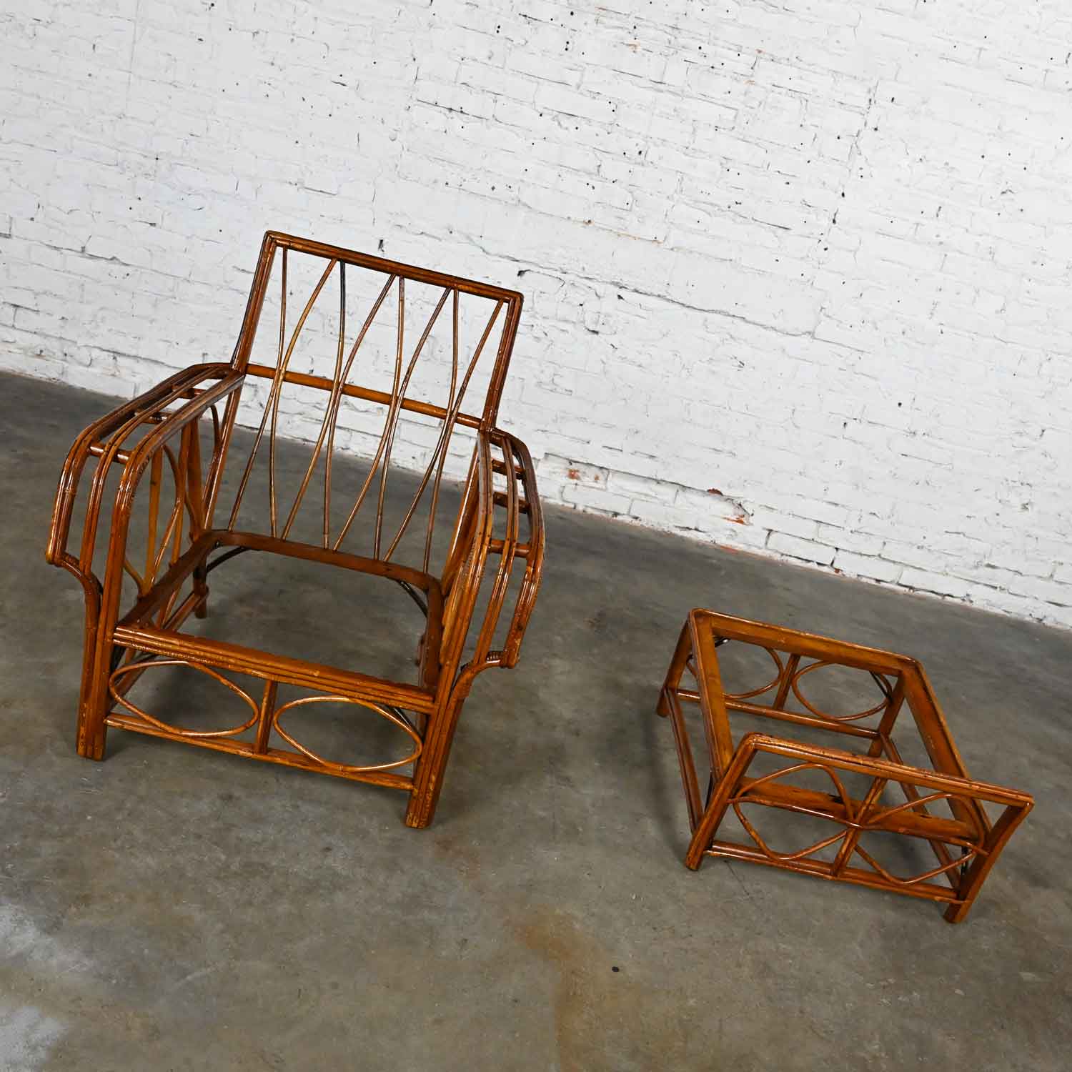Early 20th Century Rattan Lounge Chair & Ottoman Orange Fabric Cushions by Helmers Manufacturing Company