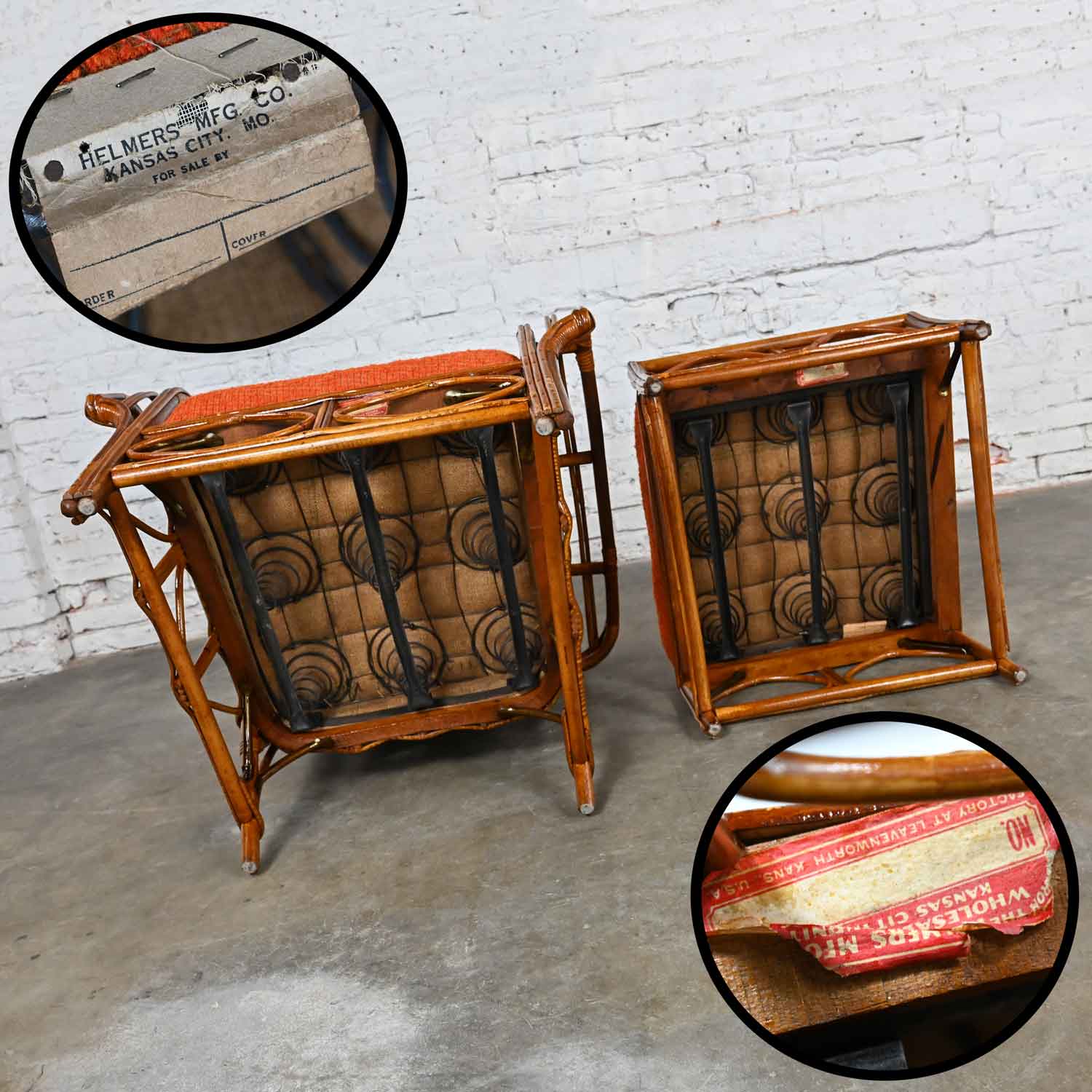 Early 20th Century Rattan Lounge Chair & Ottoman Orange Fabric Cushions by Helmers Manufacturing Company