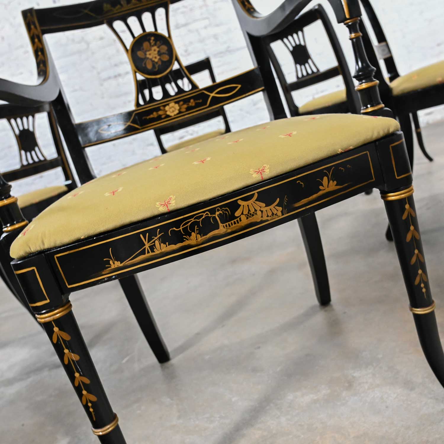 Mid-20th Century Chinoiserie Regency Style Union National Patinated Black Painted & Gilt Dining Chairs Set of 6