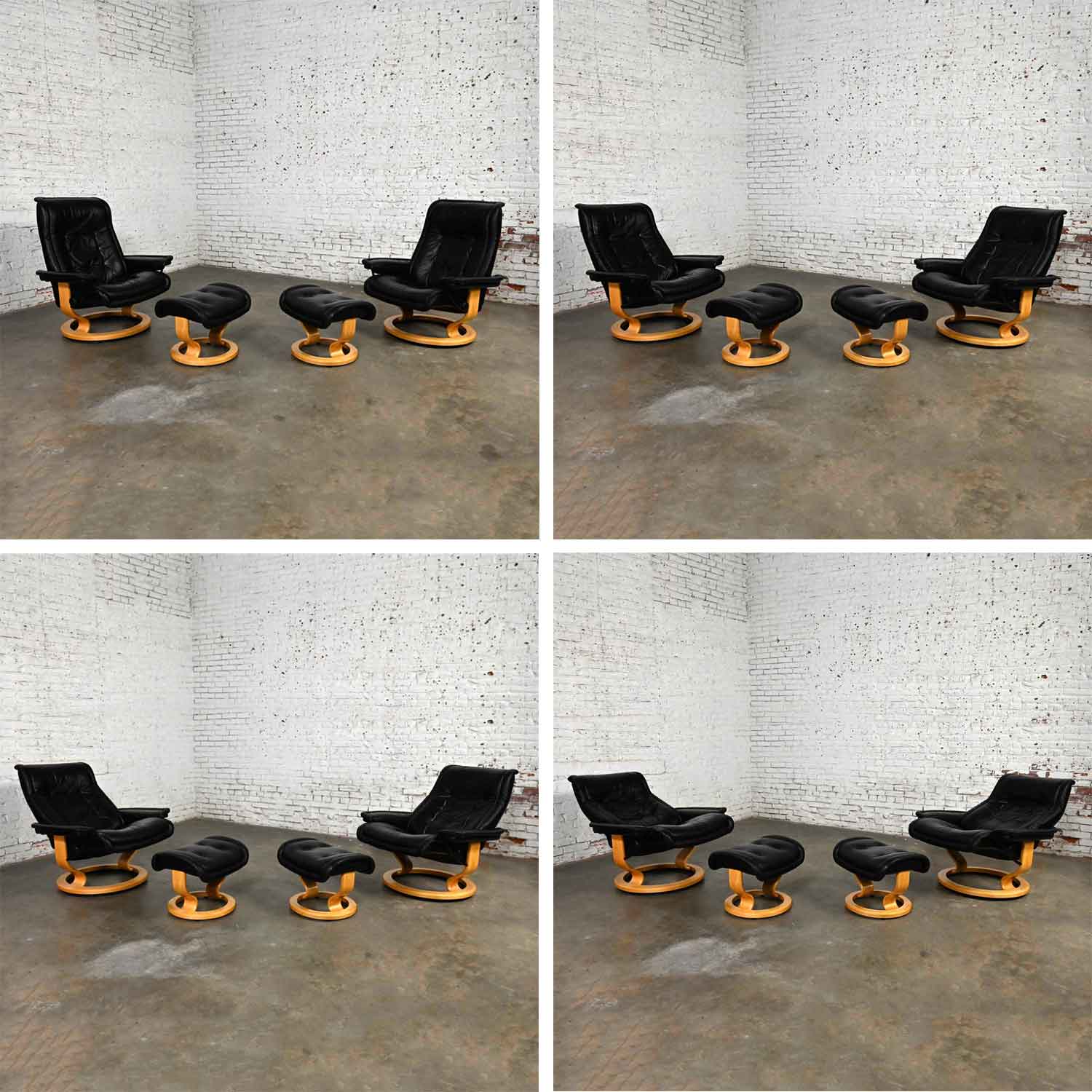 Late 20th Century Ekornes Stressless Royal Recliner Black Leather Lounge Chairs and Ottomans a Pair