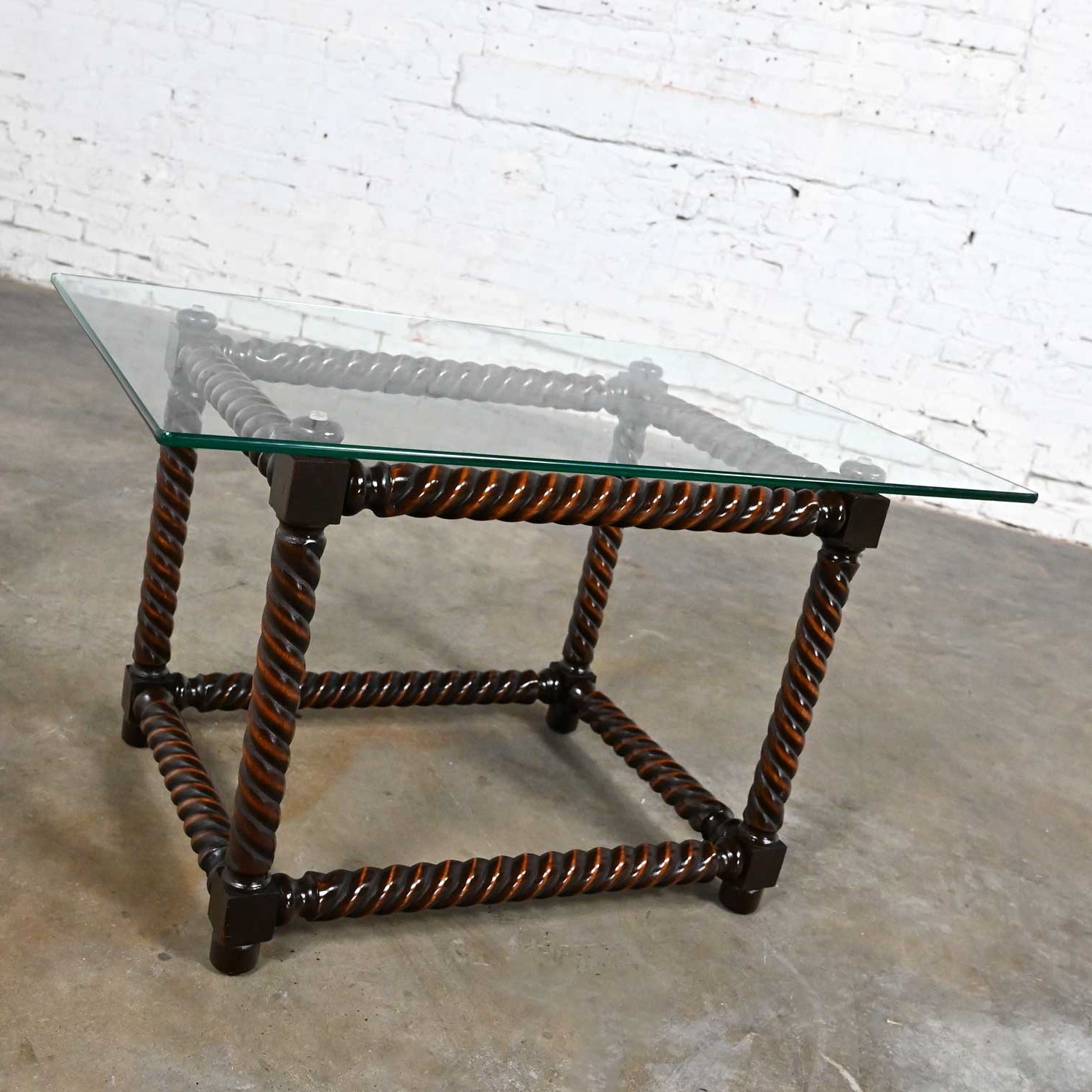 Late 20th Century Rectangular Jacobean Style Barley Twist Base & Glass Top End Table