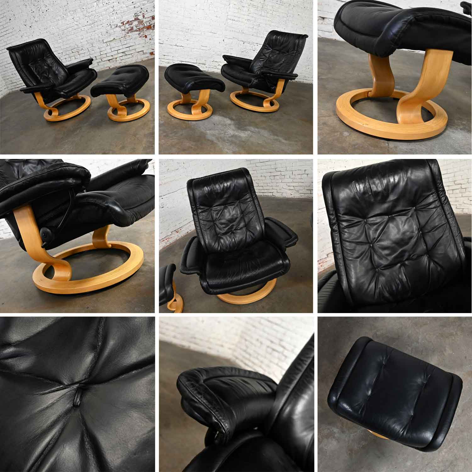 Late 20th Century Ekornes Stressless Royal Recliner Black Leather Lounge Chairs and Ottomans a Pair