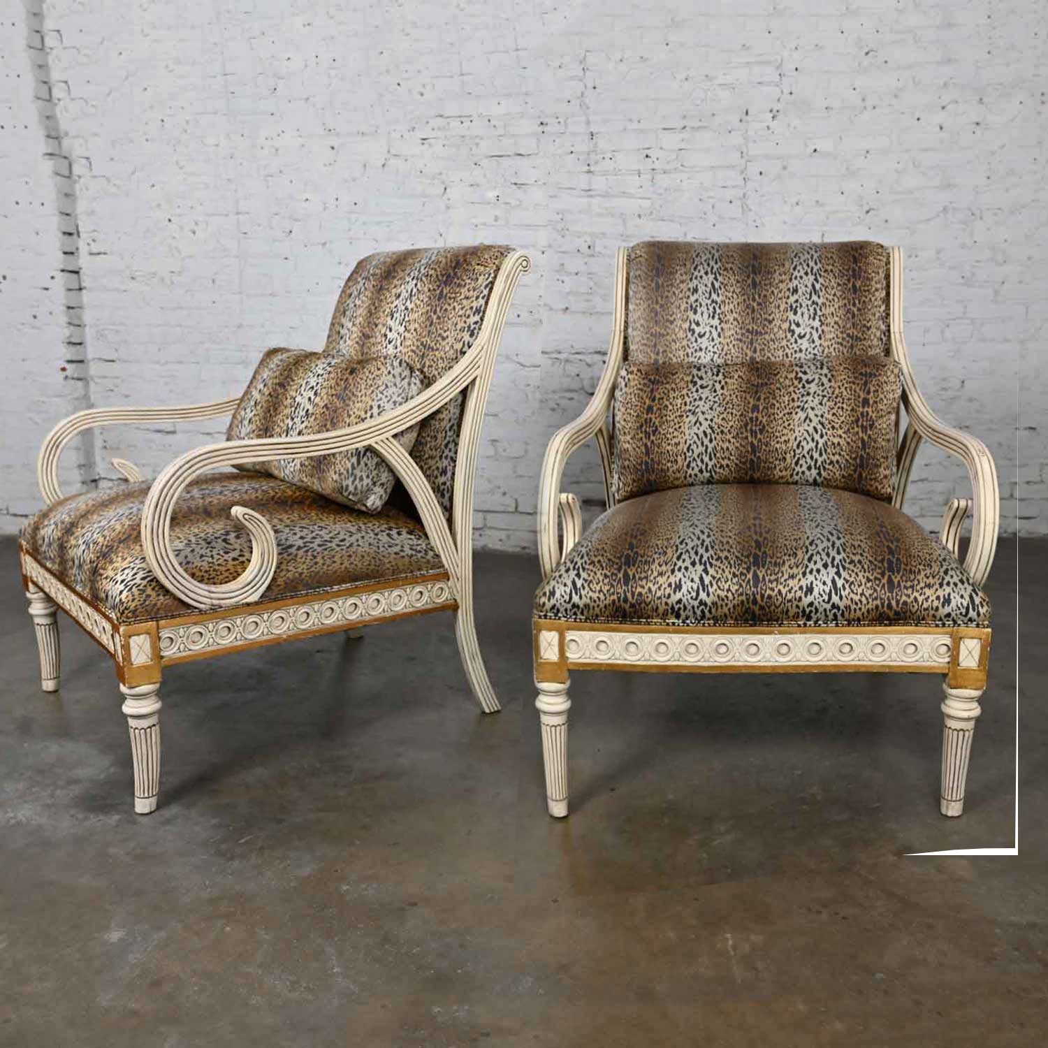 Late 20th Century Henredon Neoclassic Revival Animal Print Fabric Large Scale Fireside Chairs a Pair