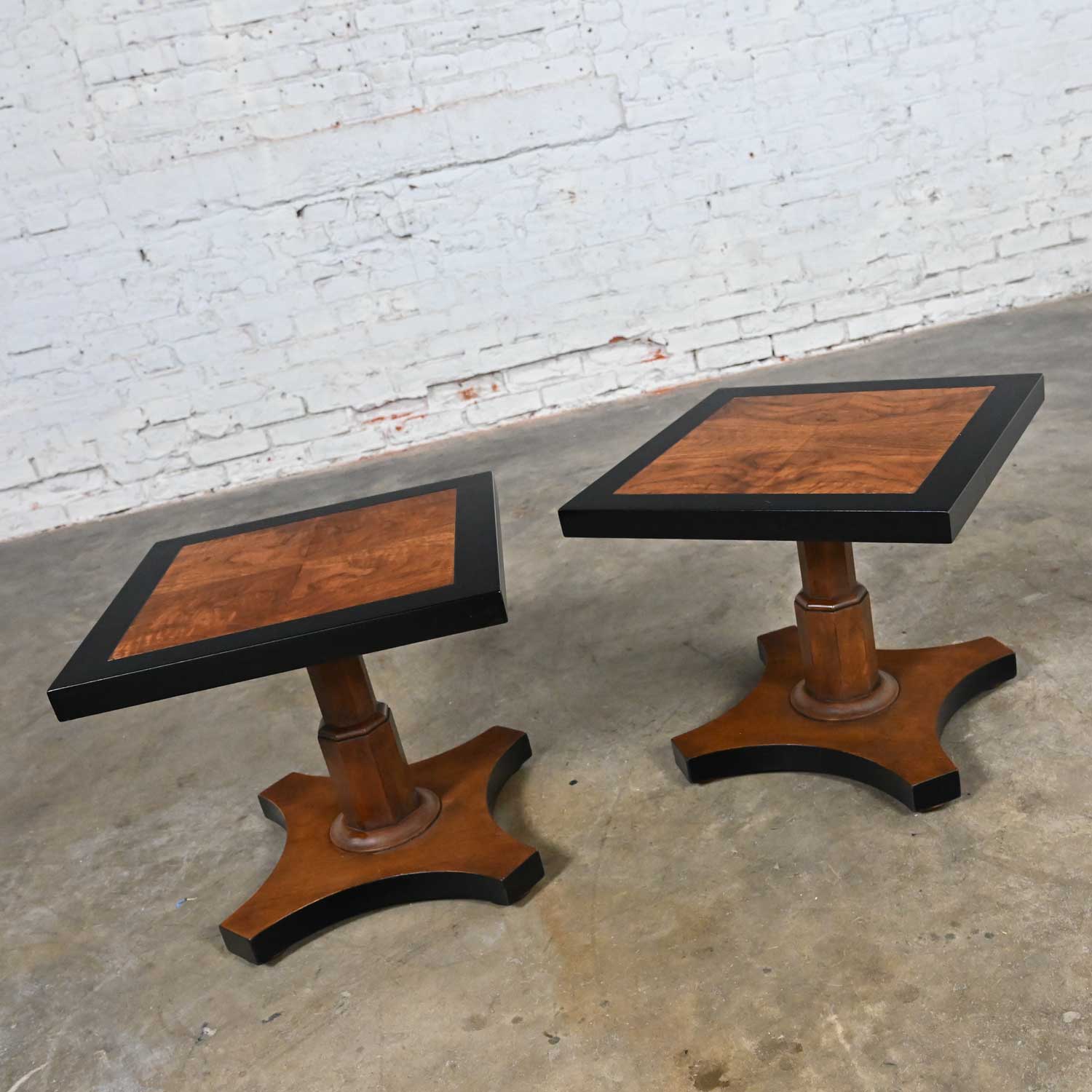 Late 20th Century Baker Furniture Campaign Style Black & Natural Pedestal End Tables a Pair