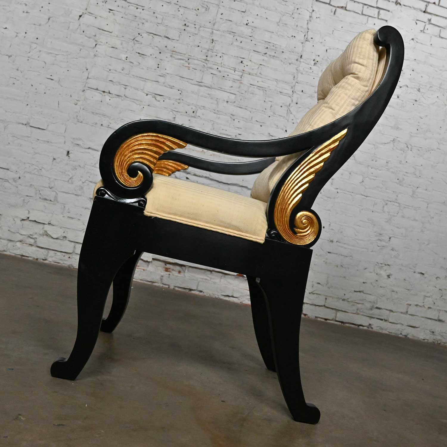 Late 20th Century Neoclassic Revival Black Side Chair with Gilt Wing Accents & Off-White Fabric