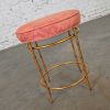 Mid-20th Century Italian Style Round Stool with Rose Damask Seat & Gilt Metal Faux Bamboo Legs