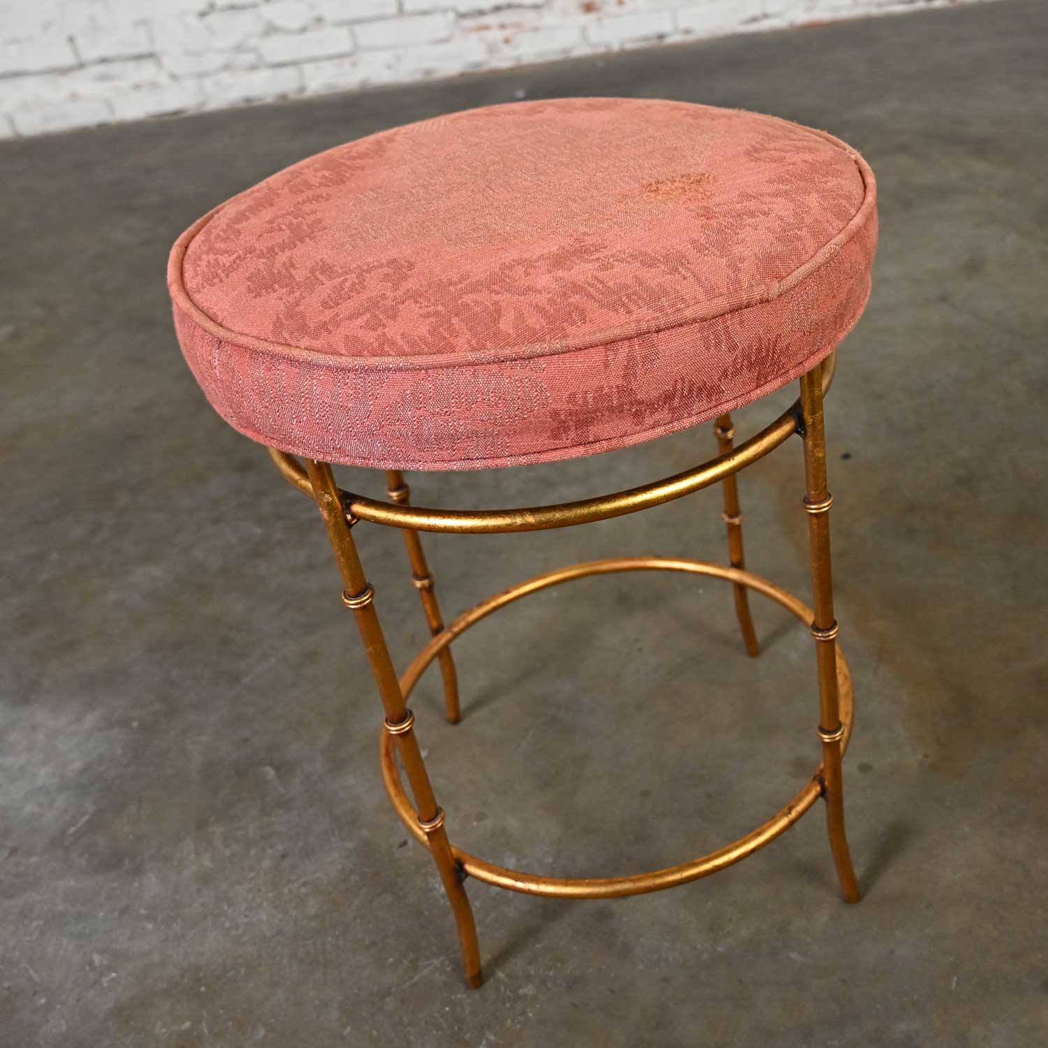 Mid-20th Century Italian Style Round Stool with Rose Damask Seat & Gilt Metal Faux Bamboo Legs